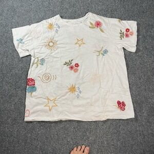 Kyla Seo Comfort Tee WHITE Size Medium Crewneck Embroidered Cotton Boho Handmade